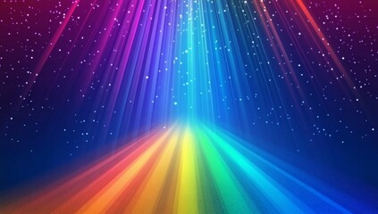 Canvas Print - Colorful rainbow light rays converge, creating a vibrant, sparkling, and magical effect against a dark, starry background.