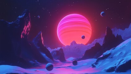 Wall Mural - neon pink planet rises over a futuristic, snow-covered alien landscape with mountains and small plan