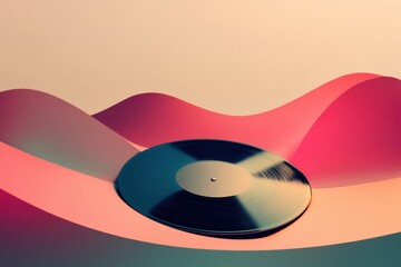 Aufkleber - Vintage vinyl records placed on colorful flowing waves with space for text and branding concepts. Generative AI
