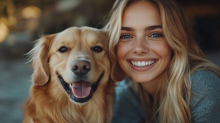 Sticker - Happy young woman with her golden retriever dog.