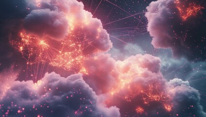 Poster - Glowing network connections within fiery clouds.