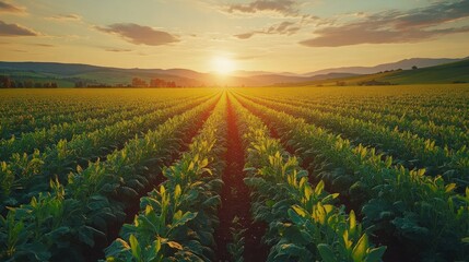 Canvas Print - Sunset over vibrant green rows of crops in a vast agricultural field.