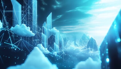 Poster - Futuristic cityscape above clouds, digital network.
