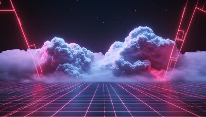 Wall Mural - retro synthwave cloudscape with grid.