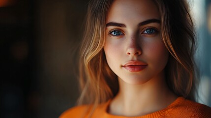 Wall Mural - Woman with long brown hair and blue eyes is wearing an orange sweater. She has a slight smile on her face