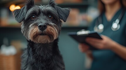 Wall Mural - Small black dog at veterinary checkup, focus on pet.