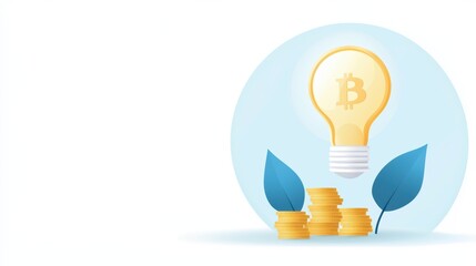 Wall Mural - A light bulb with a Bitcoin symbol represents innovative ideas in cryptocurrency, surrounded by leaves and coins, symbolizing growth and investment.