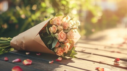 Poster - Charming bouquet wrapped in kraft paper rests on wooden table amid soft sunlight and scattered petals for a romantic touch. Generative AI