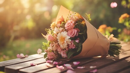 Aufkleber - Freshly arranged bouquet wrapped in kraft paper set on a garden table during golden hour with soft sunlight. Generative AI
