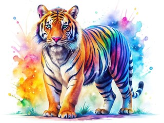 Wall Mural - Unique tiger illustration, white backdrop, vibrant watercolor.