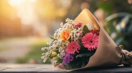 Aufkleber - Vibrant flower bouquet wrapped in kraft paper with plenty of copy space for creative text placement. Generative AI