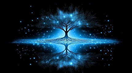 Wall Mural - celestial tree reflection mystical blue light fantasy