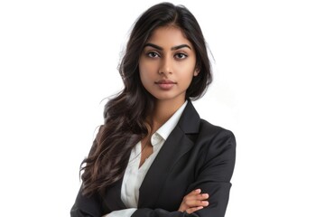 Wall Mural - Full length portrait of attractive Indian businesswoman arms folded isolated on white background