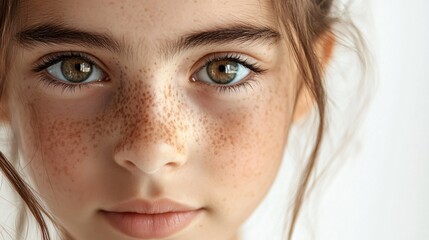 Wall Mural - Girl with brown hair and green eyes. She has a lot of freckles on her face