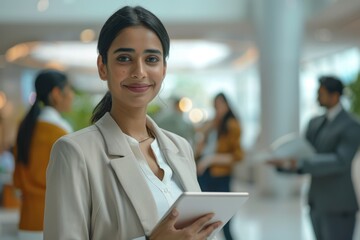 Indian businesswoman CEO smiling  young professional with tablet and co workers talking.