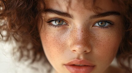 Wall Mural - Woman with brown hair and blue eyes. She has a red nose and a red mouth. She is wearing a white shirt