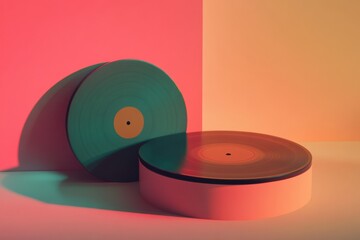 Poster - Vintage vinyl records in stylish retro colors with ample space for text and creative designs. Generative AI