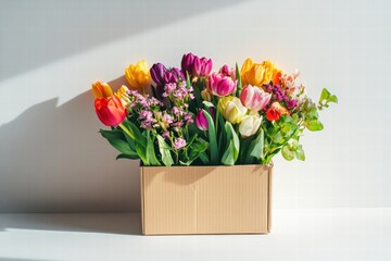 Aufkleber - Delivery box filled with colorful fresh flowers placed on a bright surface for decorative display. Generative AI