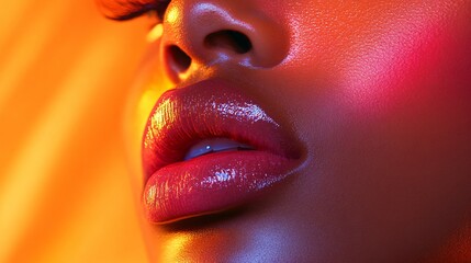 Wall Mural - Woman's lips are painted with a bright red lipstick. The lips are large and prominent, drawing attention to them. The image has a bold and confident mood, as the woman's lips are the main focus