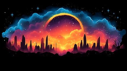 Wall Mural - Cityscape Silhouette Underneath a Vibrant Cosmic Sunset