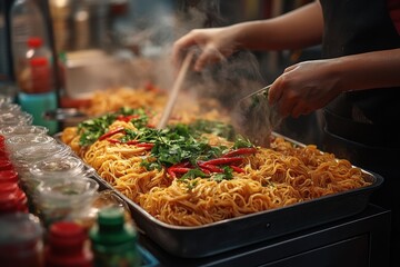 Wall Mural - Close-up of hands preparing steaming noodles with chili and herbs in a large metal tray at a food stall.