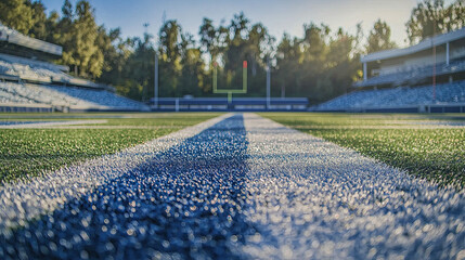 Wall Mural - Empty Football Field, Wide Open Space with Well-Maintained Grass, Goalposts at Both Ends, Clear Sky Above, Calm and Quiet Stadium Setting, Perfect for Sports, Athletics, and Outdoor Recreation Themes