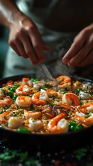 Wall Mural - Close-up of hands preparing seafood paella, a vibrant dish with shrimp, rice, and vegetables in a large pan.