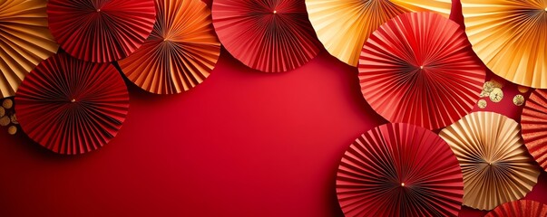 Lunar Chinese New Year 2025 concept with vibrant red and gold paper fans, bringing warmth and festivity to the celebration theme