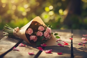 Poster - Bouquet of pink roses wrapped in kraft paper with petals scattered on wooden surface. Generative AI