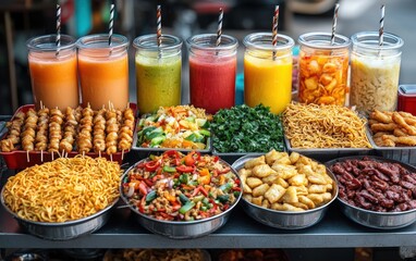 Wall Mural - Colorful street food stall with various dishes and juices.