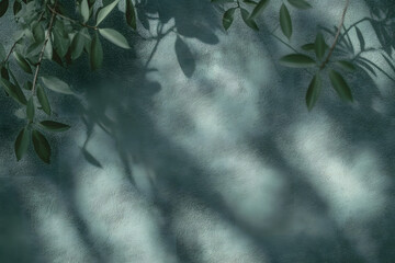 Wall Mural - abstract tree leaves shadows on gray green concrete wall texture with roughness and irregularities. 