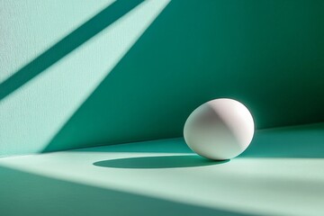 Leinwandbilder - Light and shadow cast dramatic patterns around a solitary white egg on a turquoise surface