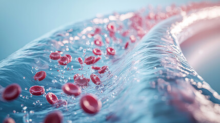 Wall Mural - Red Blood Cells in Vein with Depth of Field, Blood Vessel with Flowing Blood Cells in One Direction, Detailed and Anatomical Visualization, Scientific and Medical Concept, Realistic Circulatory System