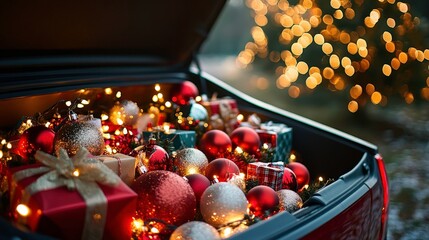 Wall Mural - A festive scene featuring a car trunk filled with colorful Christmas ornaments and wrapped gifts, illuminated by soft lights, set against a blurred background of a decorated Christmas tree.