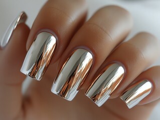 Wall Mural - Close-up of hand with stylish silver chrome manicure.