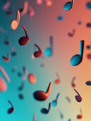 Poster - Colorful 3D music notes scattered in a vibrant gradient background creating a lively atmosphere at a musical celebration. Generative AI