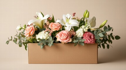 Poster - Fresh flowers arranged beautifully in a chocolate brown box with ample space for custom text. Generative AI