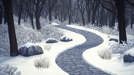 Wall Mural - A winding snowy path through a dense forest, great for winter scenes or outdoor activities