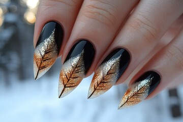 Wall Mural - Close-up of elegant autumn-themed nail art with black, gold, and white glitter, featuring leaf designs on long, pointed nails.