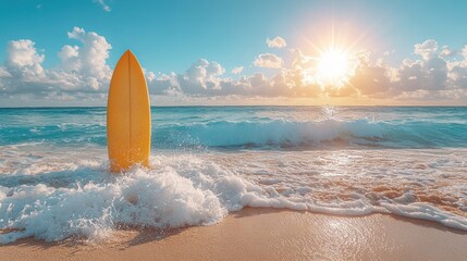 Wall Mural - Sunrise beach scene with surfboard in waves.