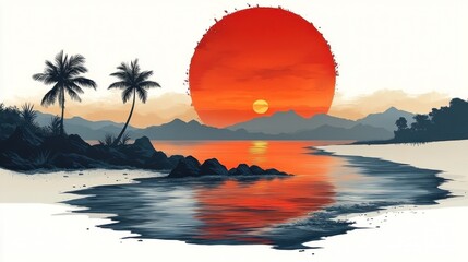 Wall Mural - Vibrant sunset over tropical beach with palm trees and tranquil water.