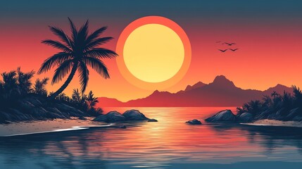 Wall Mural - Vibrant sunset over tropical beach, palm tree silhouette, calm ocean.