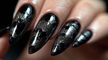 Wall Mural - Close-up of stylish black nails with metallic design.