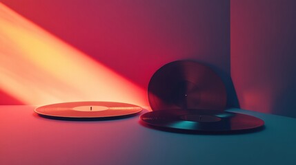 Aufkleber - Vintage 3D vinyl records on a table illuminated by colorful light with copy space for text. Generative AI
