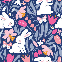 Wall Mural - Seamless vector pattern with white rabbits on floral background. Hand drawn cute Easter bunny pattern. Perfect for textile, wallpaper or nursery print design.