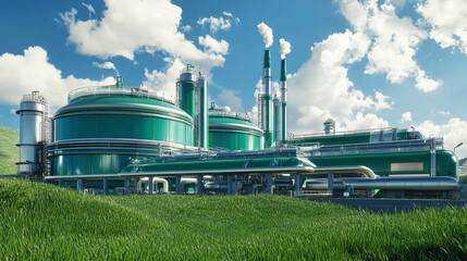 Lush green industrial plant with large tanks and gleaming pipes under a vibrant blue sky