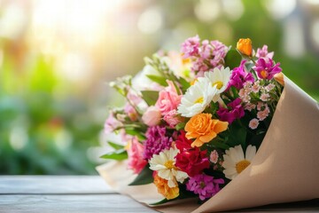 Aufkleber - Colorful flower bouquet wrapped in kraft paper with copy space for text on wooden table outdoors. Generative AI