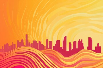 Wall Mural - Vibrant sunset skyline illustration with abstract wave patterns in warm shades of orange and pink.