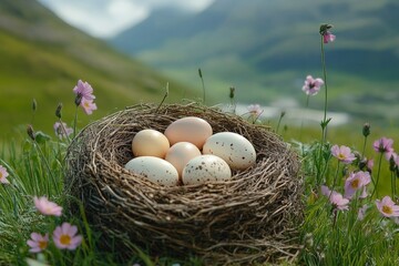 Wall Mural - Nest with eggs surrounded by wildflowers in a picturesque landscape during daytime