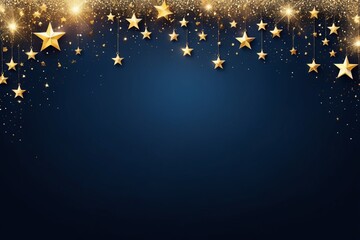 An abstract golden Christmas dark blue background with stars, snowflakes, and a glowing winter night sky, featuring a starry galaxy and a magical holiday atmosphere